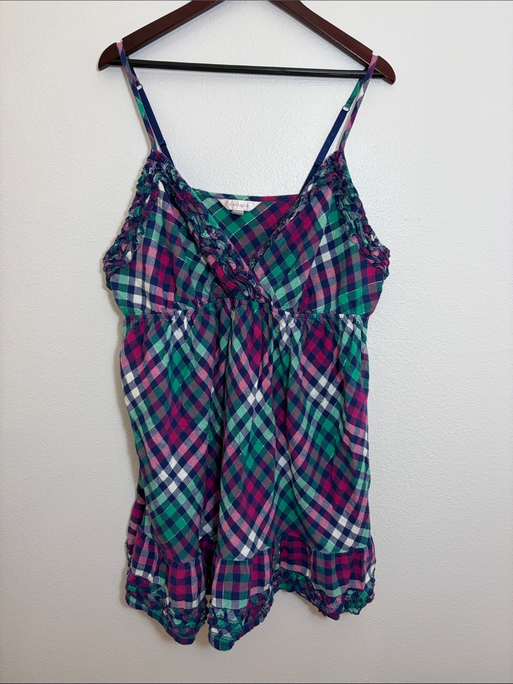 Cacique Plaid Spaghetti Strap Tank Top in Teal, Fuchsia & Navy